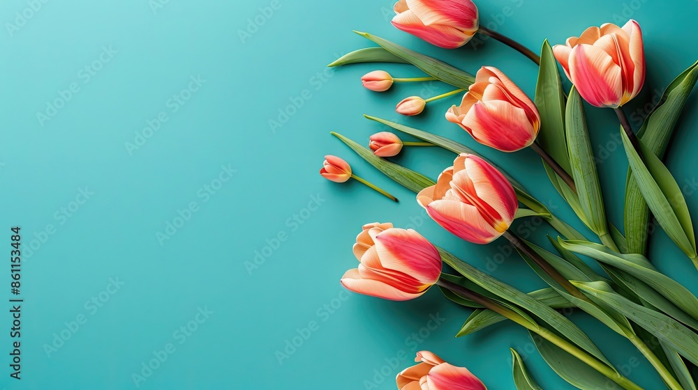A bouquet of red and yellow tulips is arranged on a blue background A bouquet of red and yellow tulips is arranged on a blue background