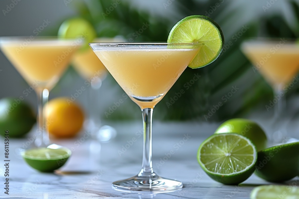 A classic daiquiri cocktail in a chilled martini glass, garnished with a lime wheel on the rim. A classic daiquiri cocktail in a chilled martini glass, garnished with a lime wheel on the rim.