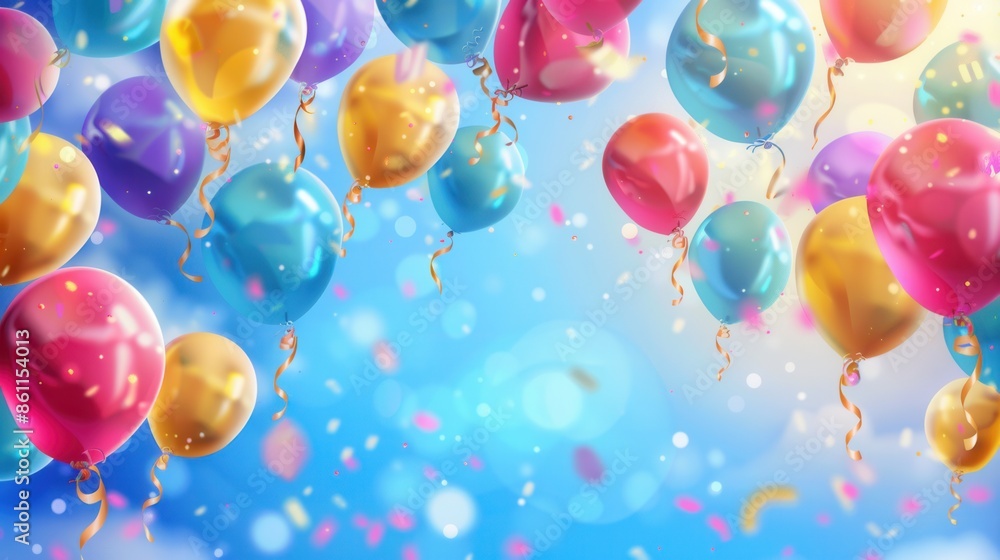 A festive image featuring colorful balloons with graduation messages and school symbols against a blue sky background. Confetti adds to the celebratory atmosphere. Generative AI A festive image featuring colorful balloons with graduation messages and school symbols against a blue sky background. Confetti adds to the celebratory atmosphere. Generative AI