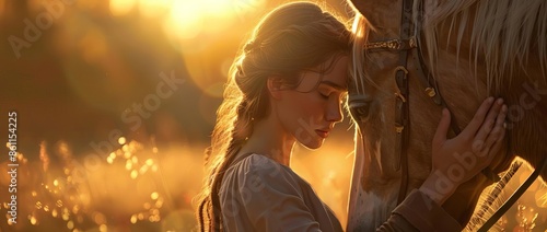 Wide-angle view of a young woman embracing her horse