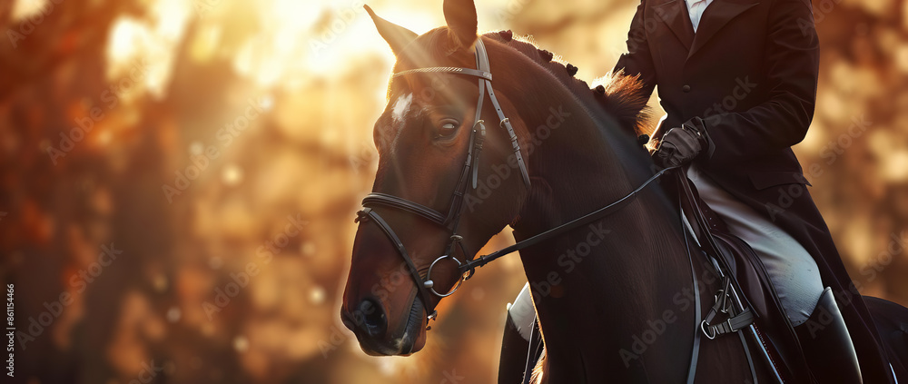 A panoramic view of a rider in a black suit and leather gloves sits on a bay horse A panoramic view of a rider in a black suit and leather gloves sits on a bay horse