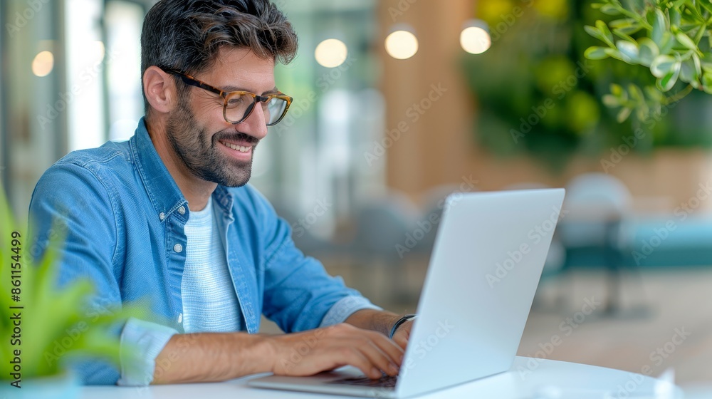 Fototapeta premium smiling man working on laptop in modern office setting.