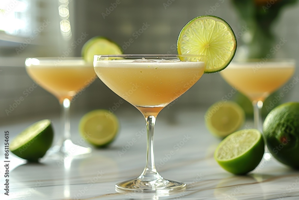 A classic daiquiri cocktail in a chilled martini glass, garnished with a lime wheel on the rim. A classic daiquiri cocktail in a chilled martini glass, garnished with a lime wheel on the rim.