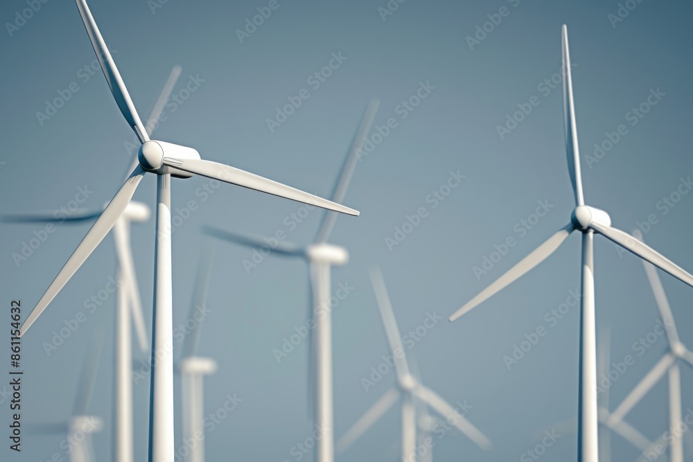 image of multiple wind turbines spinning against grey-blue background. image of multiple wind turbines spinning against grey-blue background.