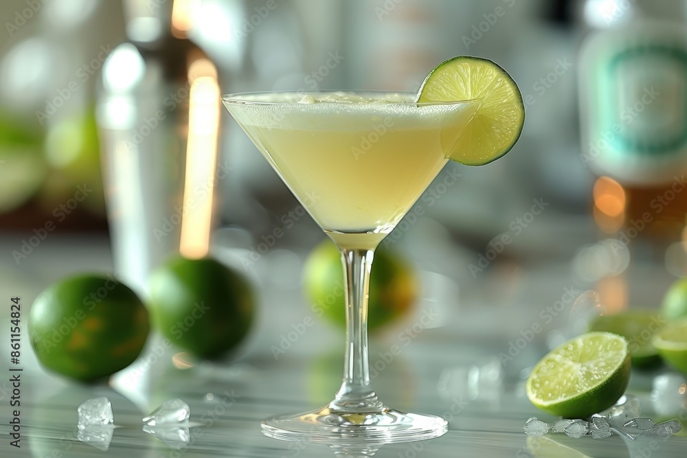 A classic daiquiri cocktail in a chilled martini glass, garnished with a lime wheel on the rim. A classic daiquiri cocktail in a chilled martini glass, garnished with a lime wheel on the rim.