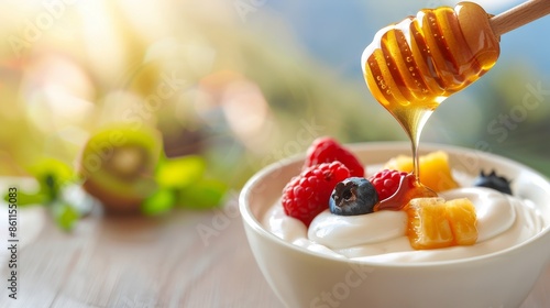 delicious yogurt parfait with honey, fresh fruit and berries for breakfast, lunch or dessert. photo