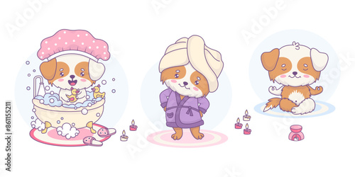 Bath time and cute dogs. Funny pet bathes in bath with foam. Puppy in bathrobe and with towel on head and dog meditating . Isolated cartoon kawaii animal character. Vector illustration