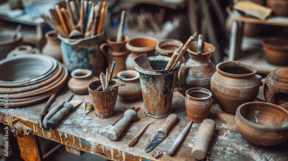 Bunch of various instruments for sculpting pottery in metal mug placed on wooden table with clay in professional light workshop Bunch of various instruments for sculpting pottery in metal mug placed on wooden table with clay in professional light workshop