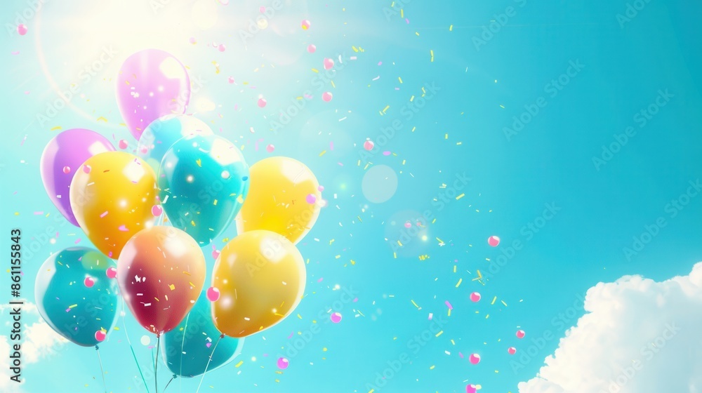 A group of colorful balloons floats against a bright blue sky, celebrating a graduation party. Confetti falls from above, adding to the festive atmosphere. Generative AI A group of colorful balloons floats against a bright blue sky, celebrating a graduation party. Confetti falls from above, adding to the festive atmosphere. Generative AI