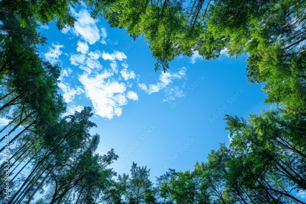 Fototapeta premium image of tall trees forming heart shape against blue sky. Sustainability concept.