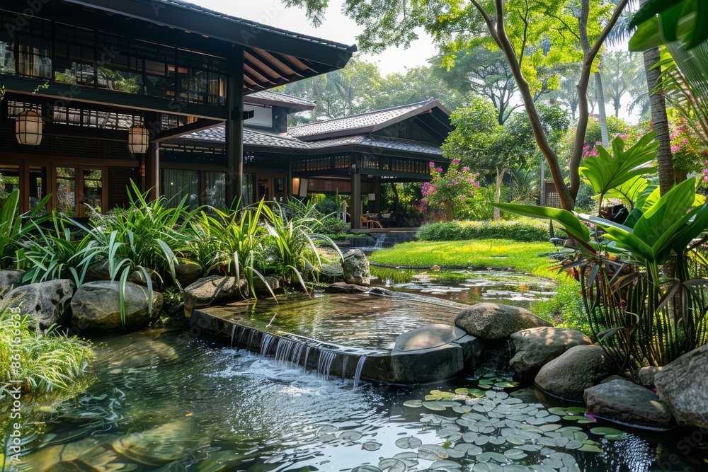 Serene Waterfall in a Lush Tropical Garden Serene Waterfall in a Lush Tropical Garden
