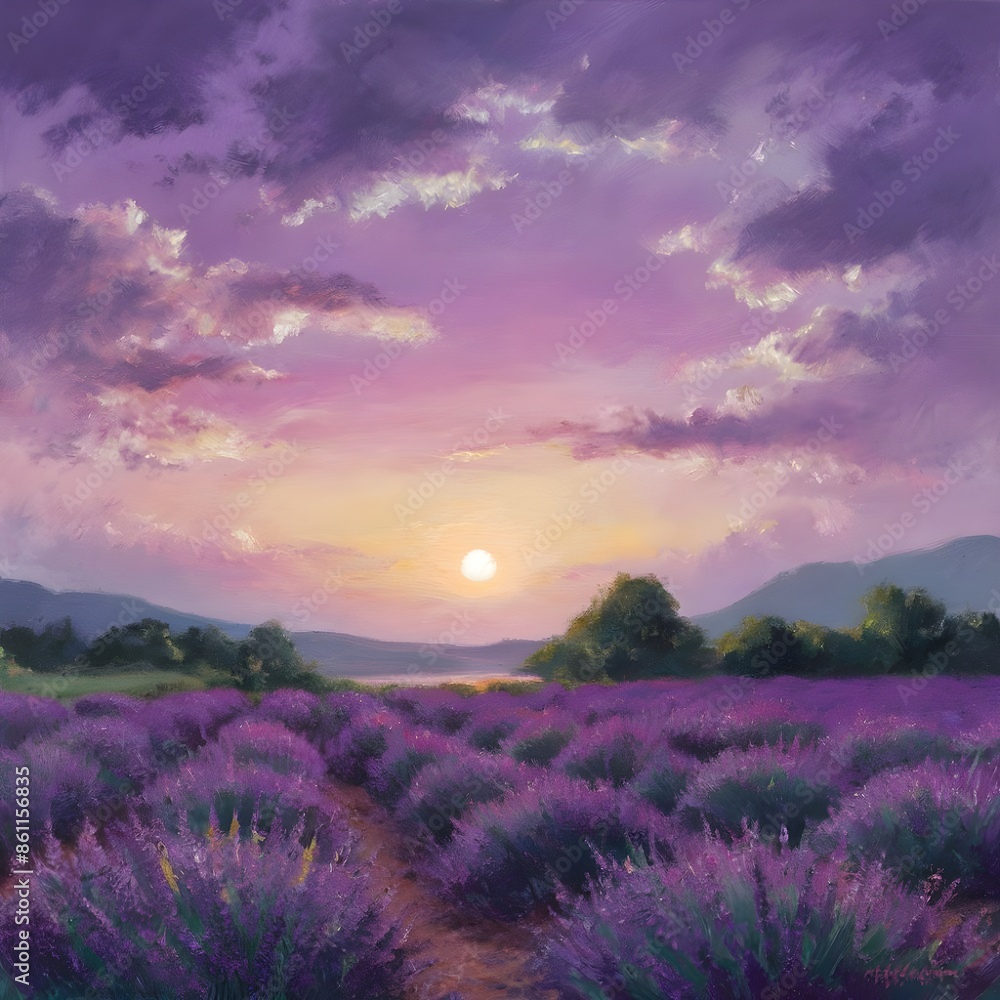 Fototapeta premium A heavenly sunset with a deep purple sky, velvet clouds and a lavender field in the foreground.