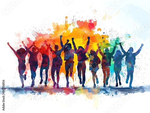 Silhouettes of people raising their hands in celebration against a colorful sunset sky.