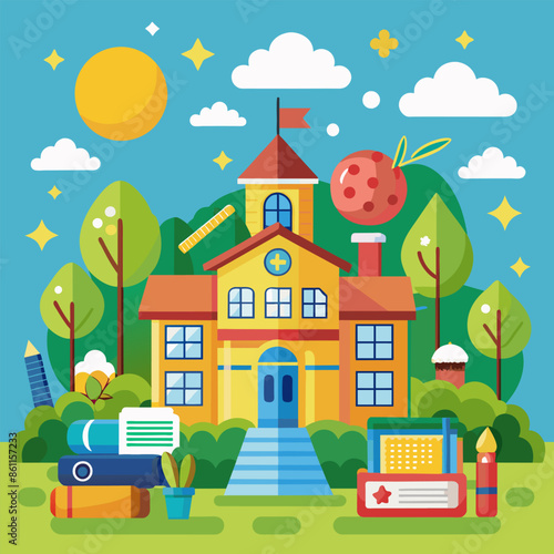 Bright and colorful school supplies and learning materials depicted in a naturethemed illustration. Vibrant educational illustration featuring a school building, books, and school supplies in a nature