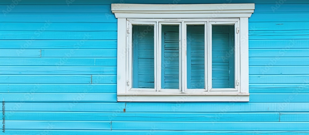 Fototapeta premium Blue wooden house wall With a white wooden border. Copy space image. Place for adding text and design