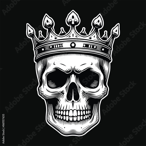 Dark Art Skull Head King Crown Black and White Illustration