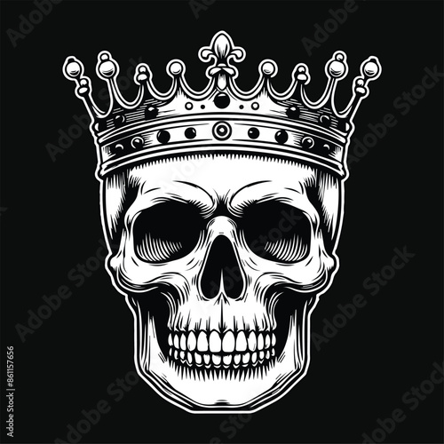 Dark Art Skull Head King Crown Black and White Illustration