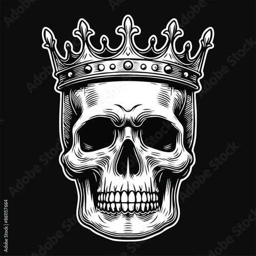 Dark Art Skull Head King Crown Black and White Illustration