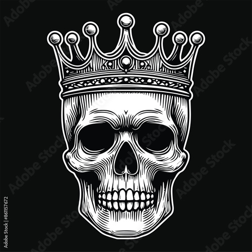 Dark Art Skull Head King Crown Black and White Illustration