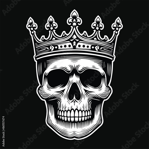 Dark Art Skull Head King Crown Black and White Illustration