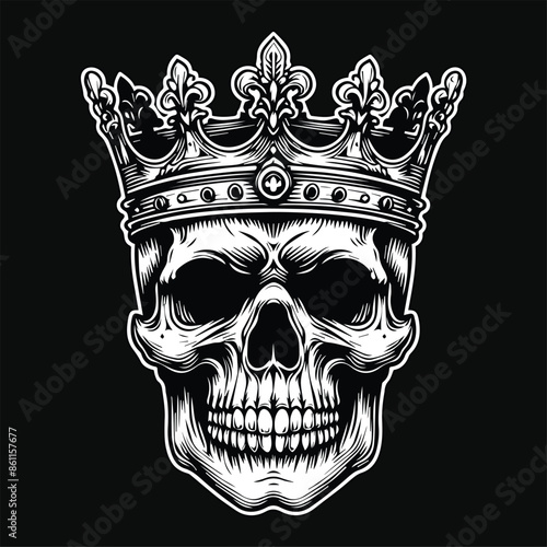 Dark Art Skull Head King Crown Black and White Illustration