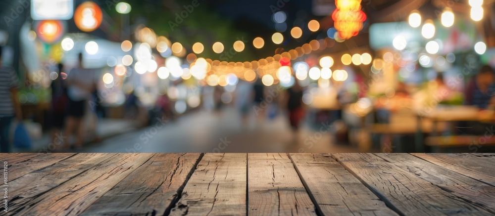 Empty wood table top and blur of night market background/selective focus .For montage product display. Copy space image. Place for adding text and design Empty wood table top and blur of night market background/selective focus .For montage product display. Copy space image. Place for adding text and design