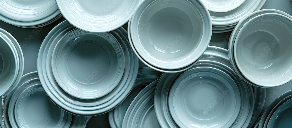 Closeup of porcelain plates and bowls. Copy space image. Place for adding text and design Closeup of porcelain plates and bowls. Copy space image. Place for adding text and design