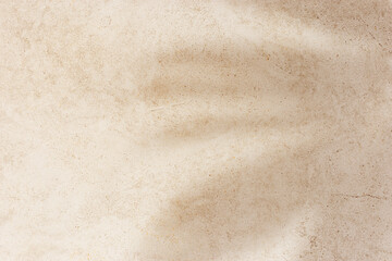 Natural palm leaf shadow on light beige sandy color background with empty space. Summer minimal concept, daylight in sunny day, top view plant sun shade, nature environment pattern, neutral tone