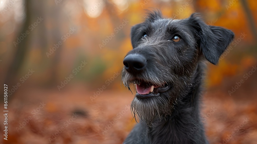 A black dog standing in a forest. A black dog standing in a forest.