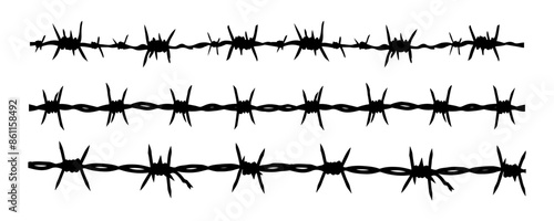Various Styles of Barbed Wire Silhouettes in Black on White Background for Design and Decoration