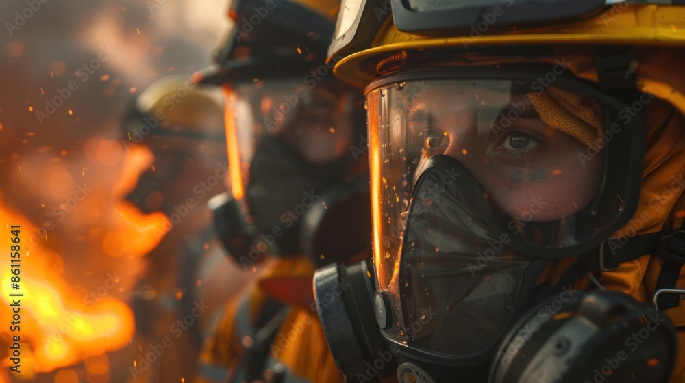 Close-up of firefighters wearing masks. Fight wildfires as climate change and global warming drive wildfire trends around the world Close-up of firefighters wearing masks. Fight wildfires as climate change and global warming drive wildfire trends around the world