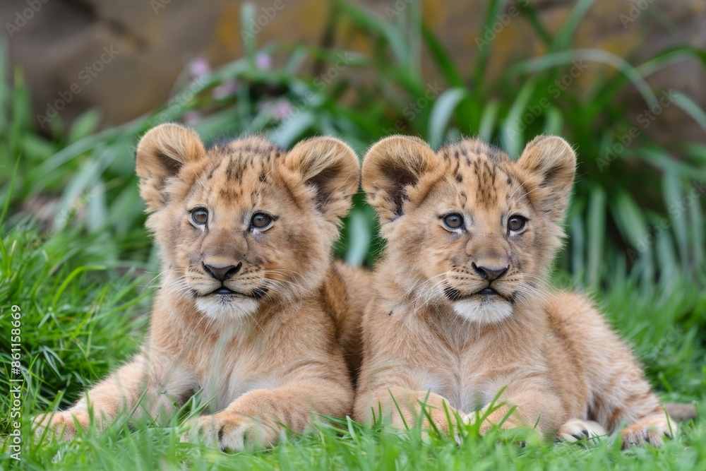 juvenile lion cubs look to the right at something off camera. Both are lying down on their side with head up. Front view of face and side view of bodies. Grass in the background juvenile lion cubs look to the right at something off camera. Both are lying down on their side with head up. Front view of face and side view of bodies. Grass in the background