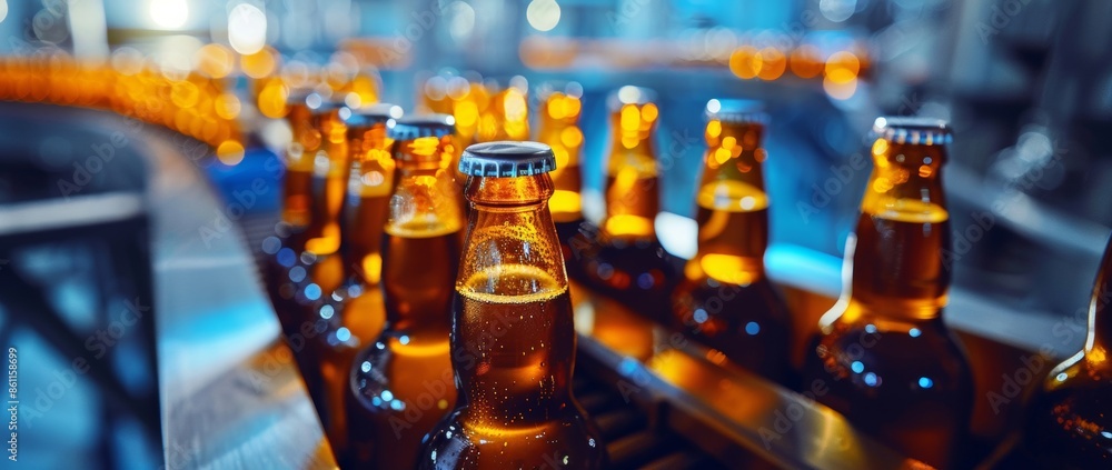 A vivid image showing a continuous flow of colorful glass beer bottles on a conveyor belt, representing industrial production or recycling A vivid image showing a continuous flow of colorful glass beer bottles on a conveyor belt, representing industrial production or recycling