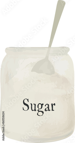 Vector Watercolor illustration, sugar, teaspoon, jar set for creative cooking, invitation, greeting cards, birthday, event, holiday, menu; cooking class; Master Class