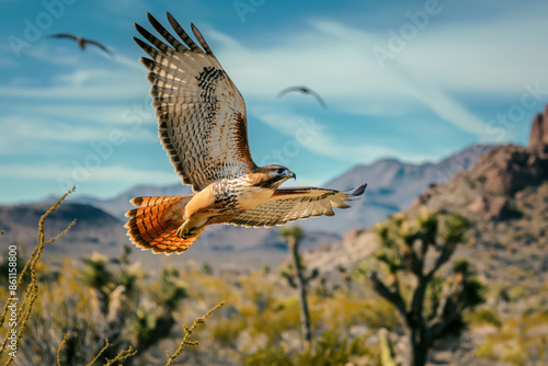 Red-tailed hawk gliding over desert landscape photo
