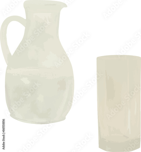 Vector Watercolor farm illustration, carafe, milk, glass. Invitation, greeting cards, birthday, event, holiday, menu; cooking class; Master Class