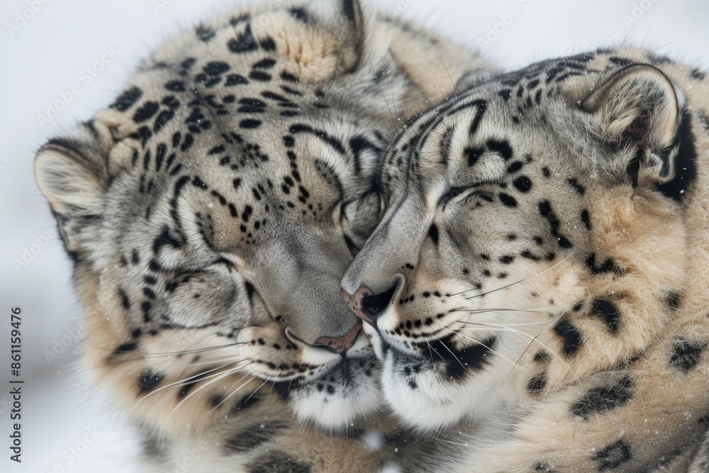 Male and female snow leopard sharing tender moment. Male and female snow leopard sharing tender moment.