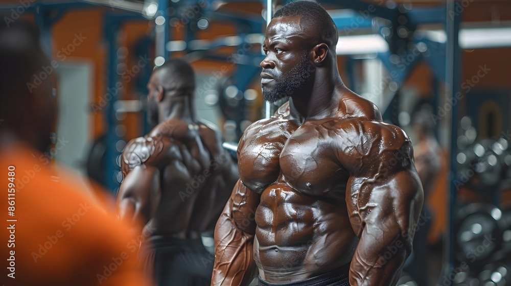 Muscular Bodybuilder Posing with Confidence in Vibrant Gym Setting Muscular Bodybuilder Posing with Confidence in Vibrant Gym Setting