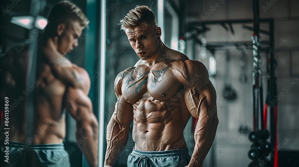 Confident Bodybuilder Posing in Gym Mirror Powerful and Muscular Physique Confident Bodybuilder Posing in Gym Mirror Powerful and Muscular Physique