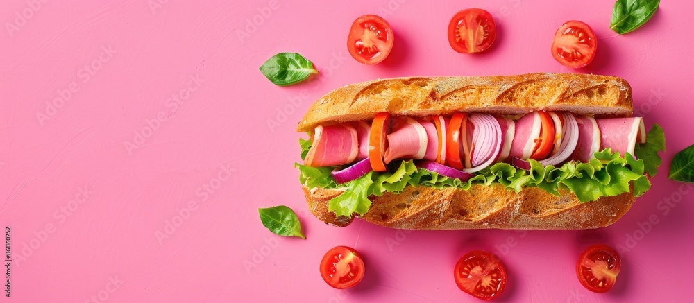 Long sandwich with ham, cheese, tomatoes, red onion and lettuce. isolated on pastel background. Copy space image. Place for adding text and design Long sandwich with ham, cheese, tomatoes, red onion and lettuce. isolated on pastel background. Copy space image. Place for adding text and design