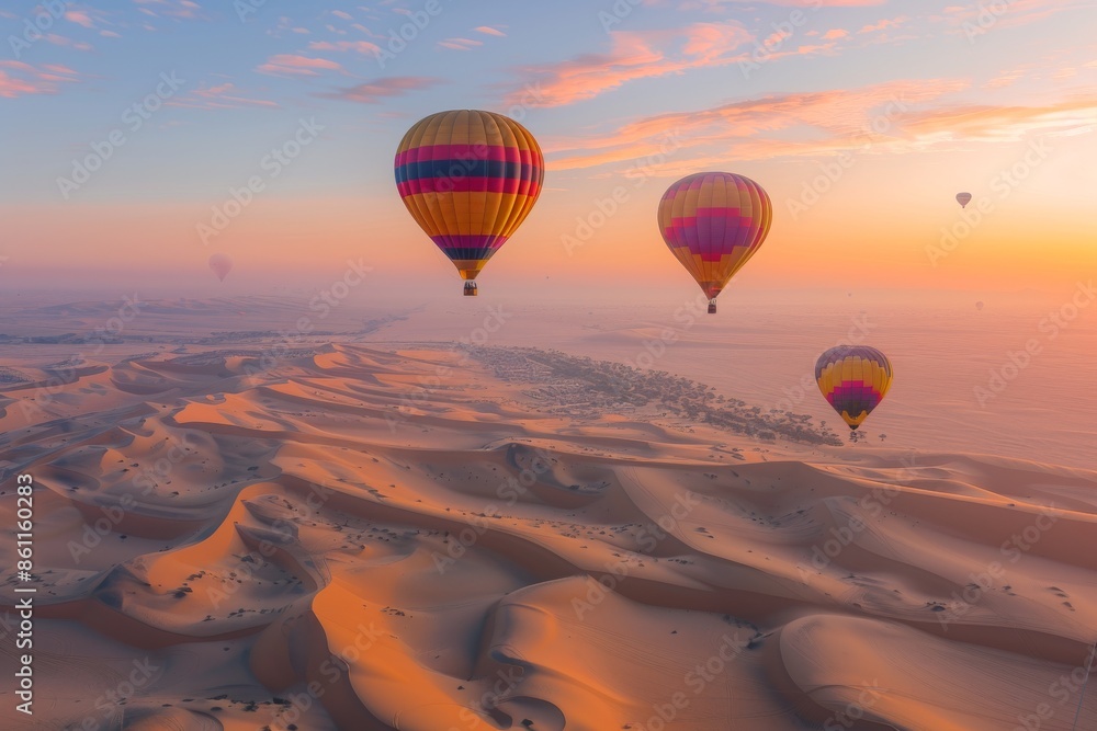 Obraz premium Hot Air Balloons Soaring Over Desert Dunes at Sunrise