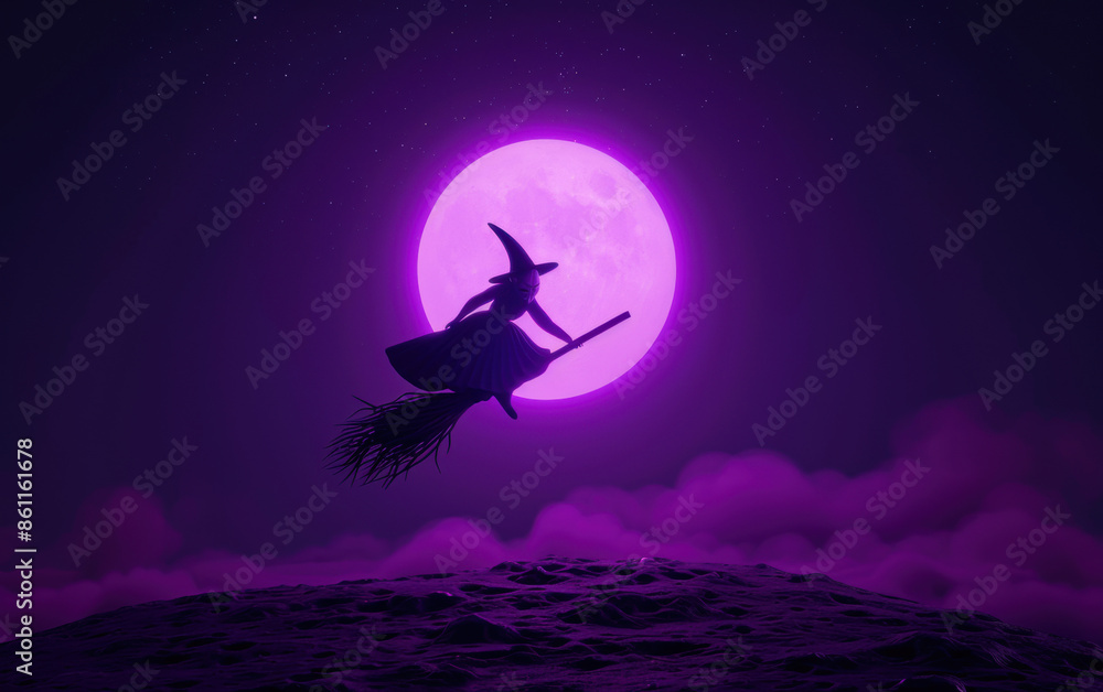 A witch flying on a broomstick in the sky above a large purple moon A witch flying on a broomstick in the sky above a large purple moon