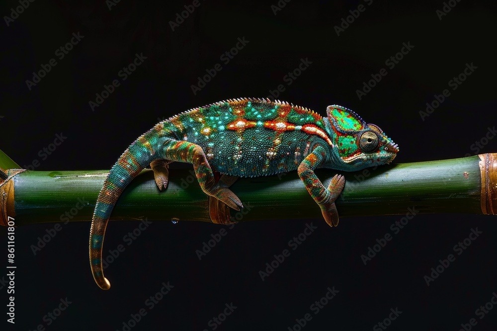 Fototapeta premium Panther Chameleon climbing on a bamboo branch against a black background