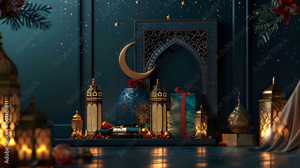 Obraz premium Ramadan celebration with glowing lanterns and a crescent moon