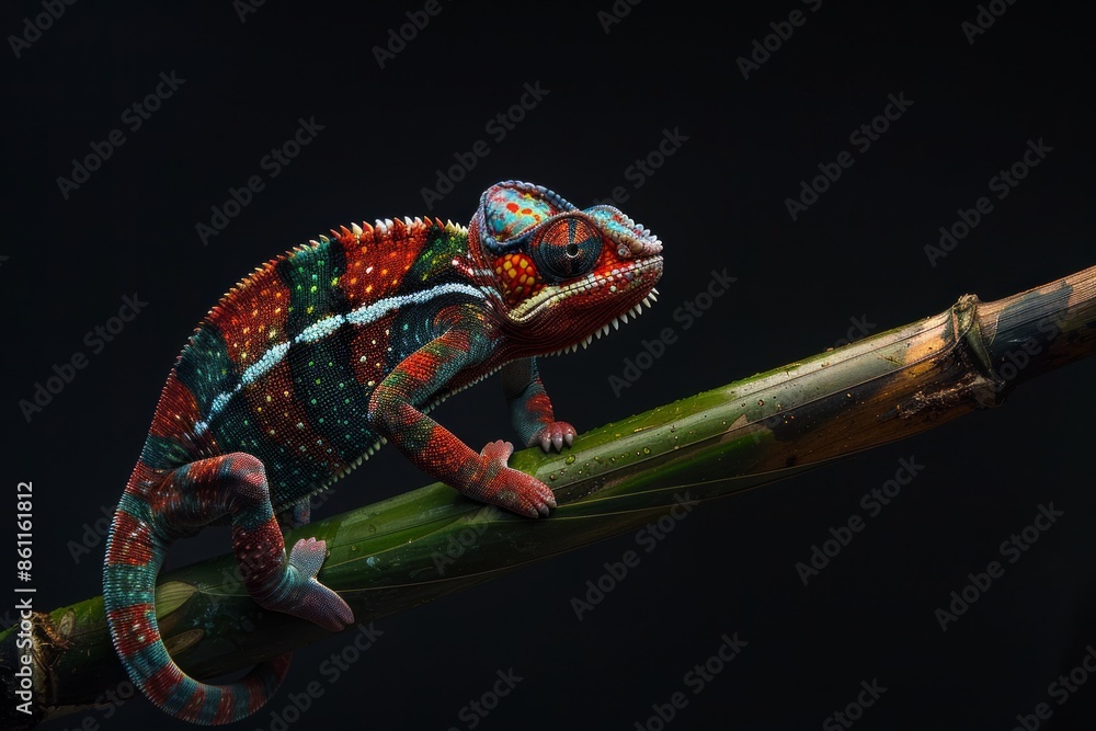 Fototapeta premium Panther Chameleon climbing on a bamboo branch against a black background
