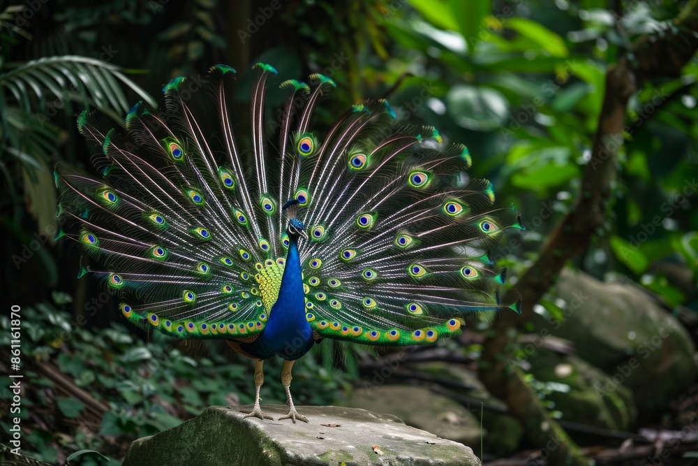 Obraz premium Peacock feeds during the afternoon in the rainforest.