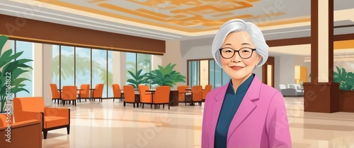 asian elder woman in hotel resort lobby retirement tra travel holiday lifestyle concept banner background photo