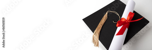 Fotografie Graduation cap and diploma on white background banner, high school diploma, coll