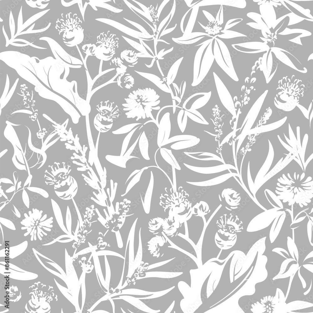 Obraz premium Seamless pattern. Flowers - Burdock, Clover, Achillea Millefolium and grass isolated on the gray background. Hand-drawn illustrations of wildflowers. 