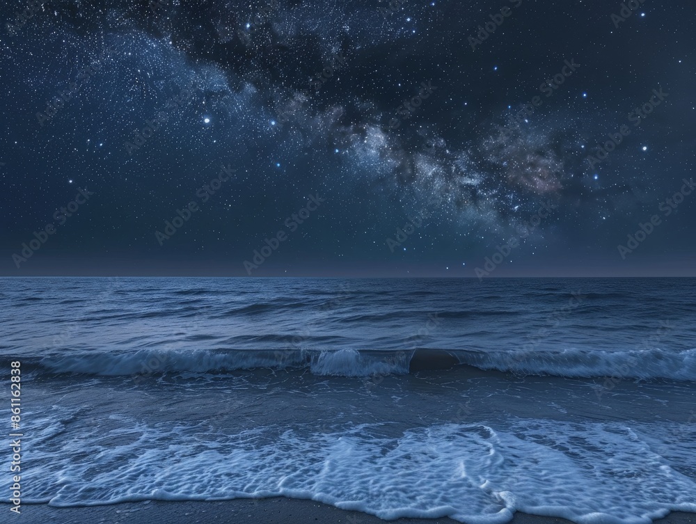 Gentle waves on a calm ocean under a clear, starry night sky, with the Milky Way visible above, creating a peaceful and serene scene Gentle waves on a calm ocean under a clear, starry night sky, with the Milky Way visible above, creating a peaceful and serene scene